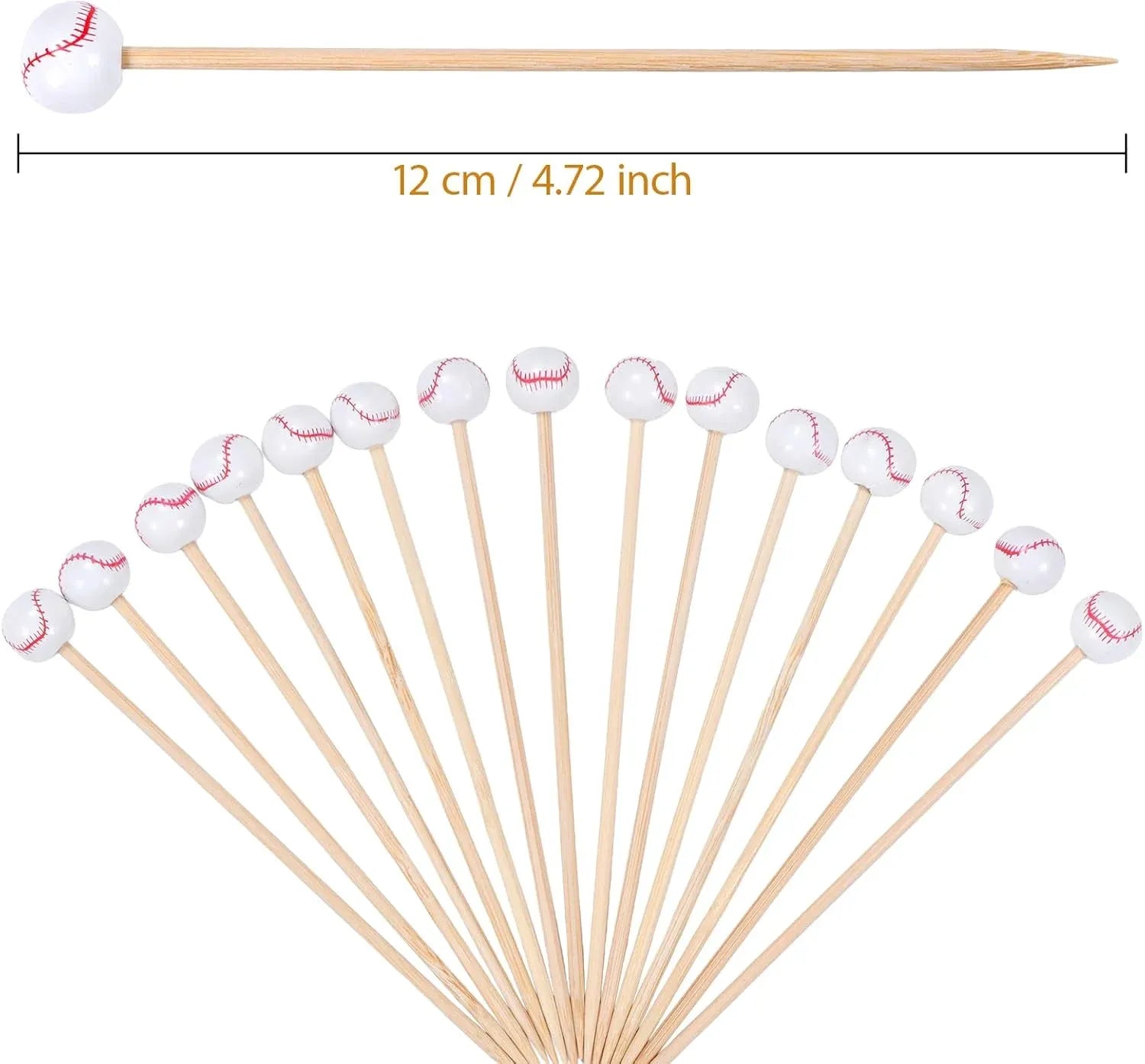 100 Pcs Baseball Cocktail Picks, 4.7 Inch Bamboo Appetizer Fruit Skewers for Sports Parties