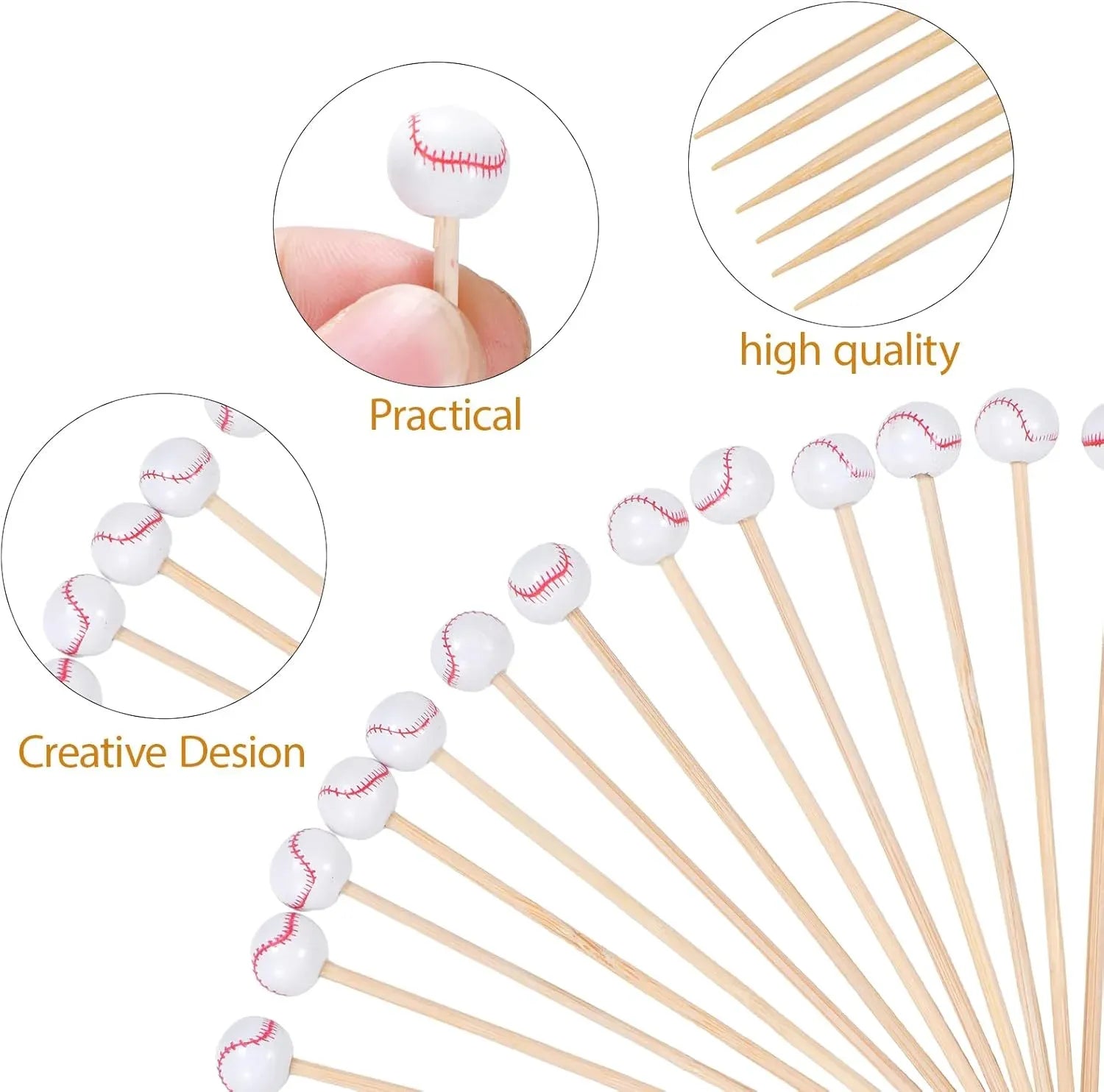 100 Pcs Baseball Cocktail Picks, 4.7 Inch Bamboo Appetizer Fruit Skewers for Sports Parties