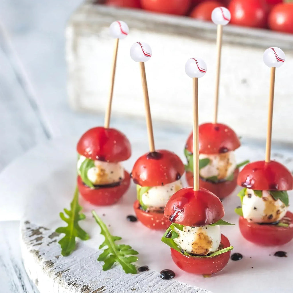 100 Pcs Baseball Cocktail Picks, 4.7 Inch Bamboo Appetizer Fruit Skewers for Sports Parties