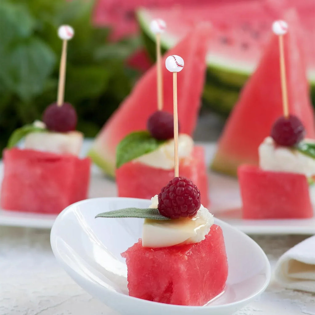 100 Pcs Baseball Cocktail Picks, 4.7 Inch Bamboo Appetizer Fruit Skewers for Sports Parties