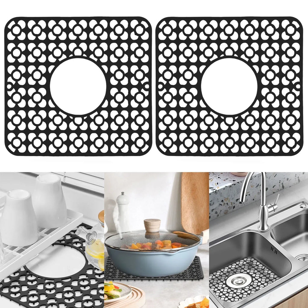 2 Pack Silicone Sink Protector Mats, Anti Slip Heat Resistant Grid Pads, Black 12.2 x 11.5 In