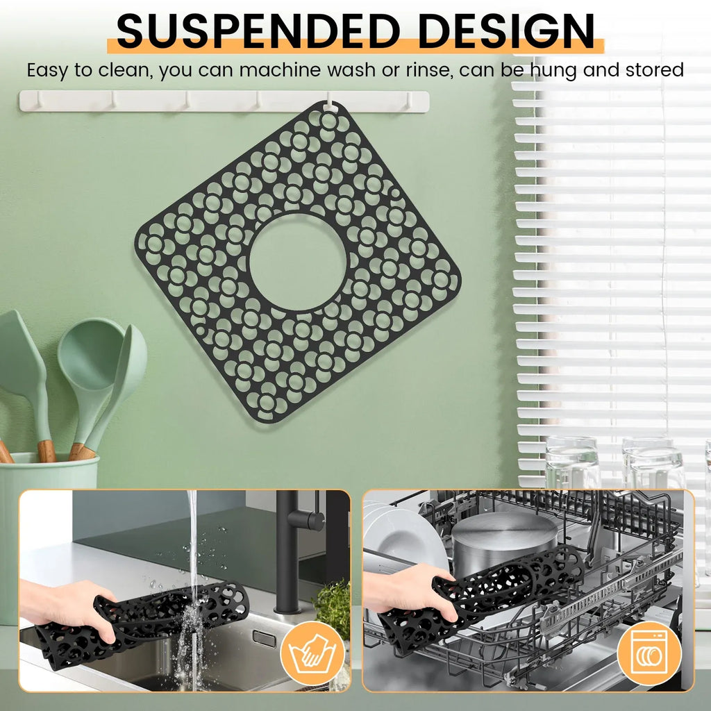 2 Pack Silicone Sink Protector Mats, Anti Slip Heat Resistant Grid Pads, Black 12.2 x 11.5 In