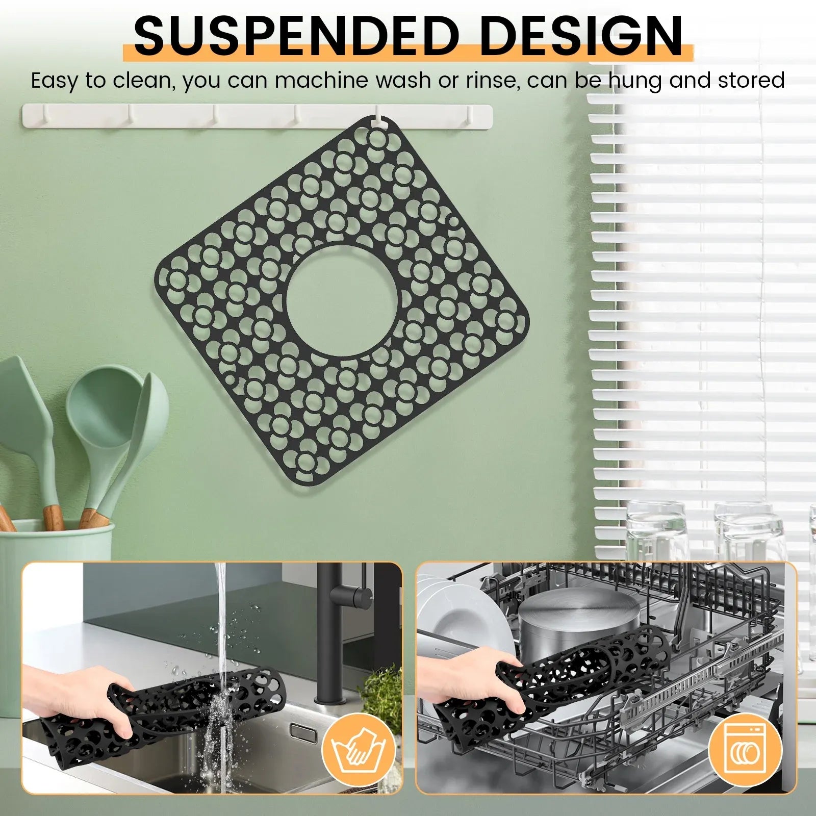 2 Pack Silicone Sink Protector Mats, Anti Slip Heat Resistant Grid Pads, Black 12.2 x 11.5 In