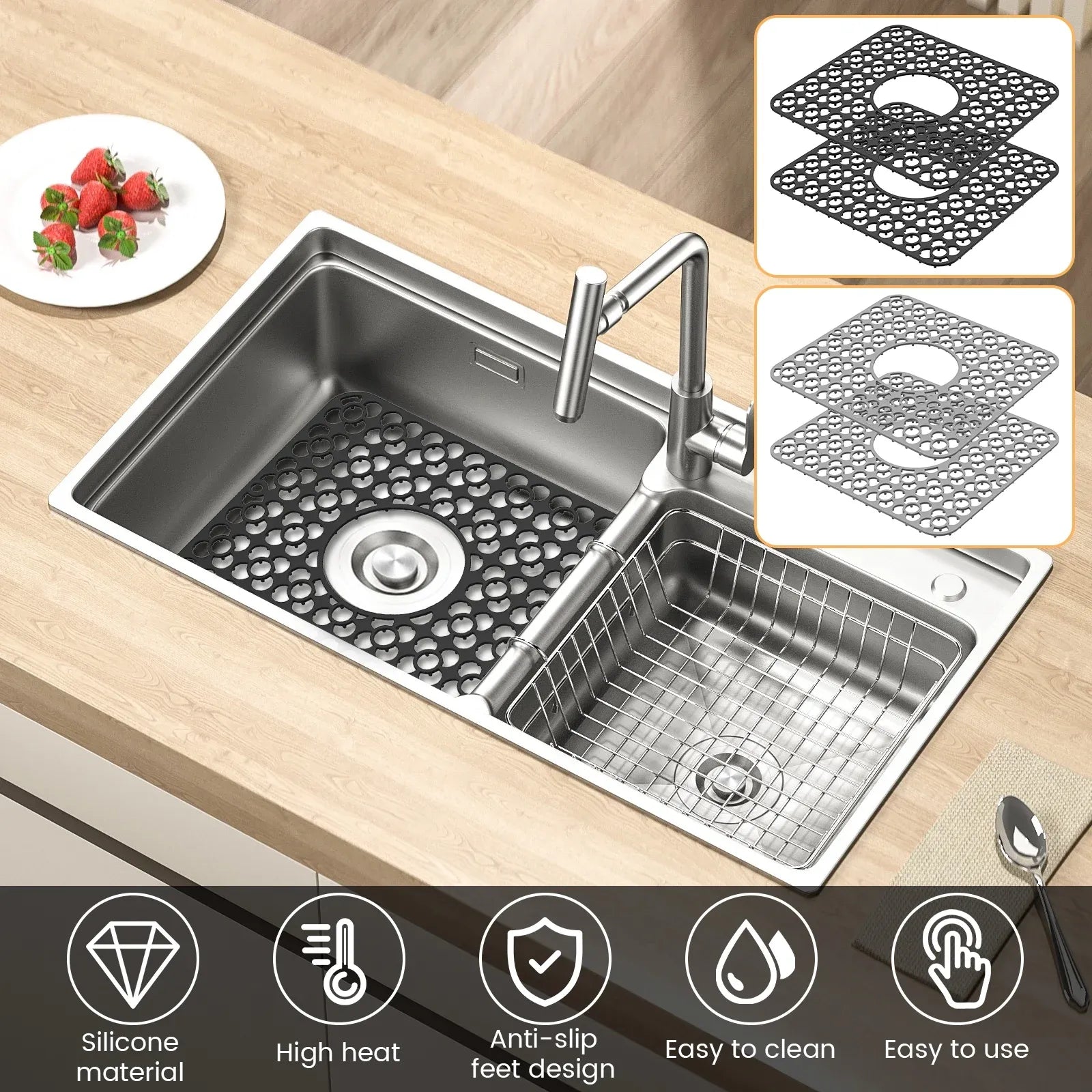 2 Pack Silicone Sink Protector Mats, Anti Slip Heat Resistant Grid Pads, Black 12.2 x 11.5 In
