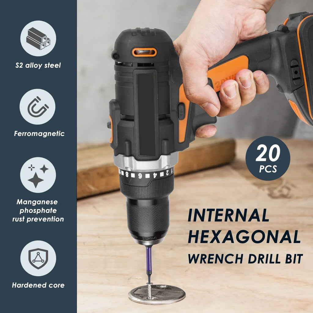 20 Pcs Impact Hex Drill Bit Set, S2 Steel Magnetic SAE Metric Bits for Drivers, 1/4 Inch Shank