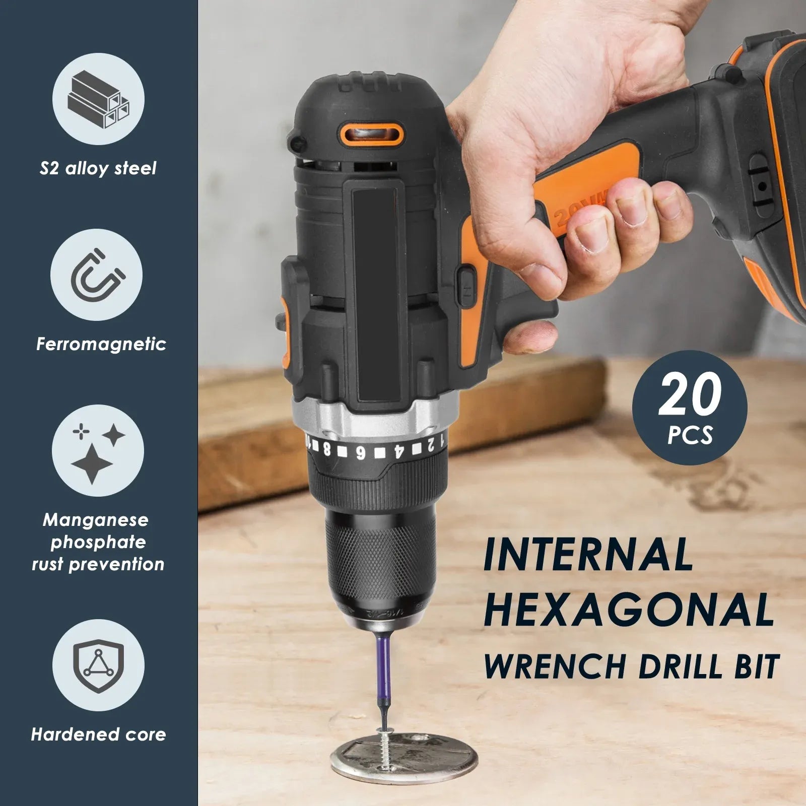20 Pcs Impact Hex Drill Bit Set, S2 Steel Magnetic SAE Metric Bits for Drivers, 1/4 Inch Shank