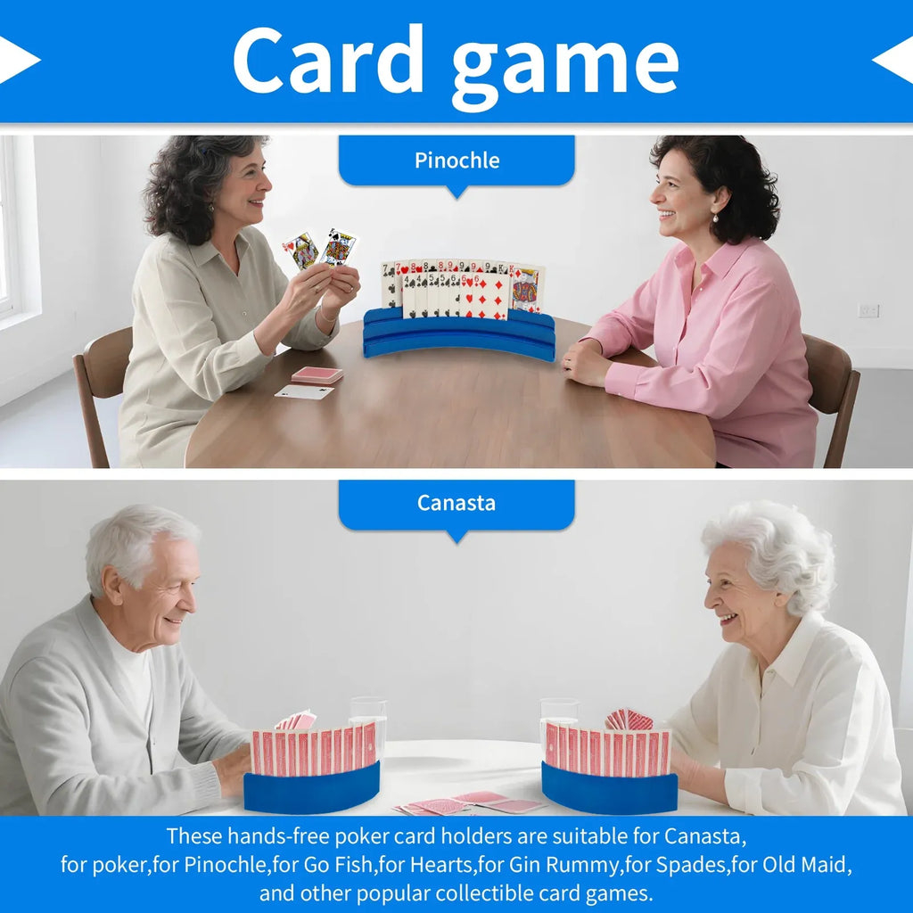 4 Pcs Playing Card Holders, Curved Non Slip Hands Free Card Racks for Kids Seniors, Navy Blue