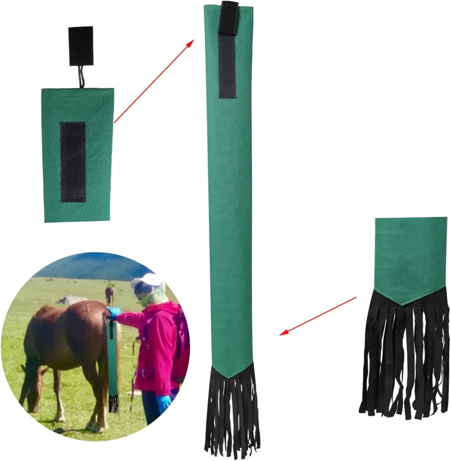 4 Pack Horse Tail Bags, Non Woven Tail Wraps with Fastener Fringe, Black Red Blue Green