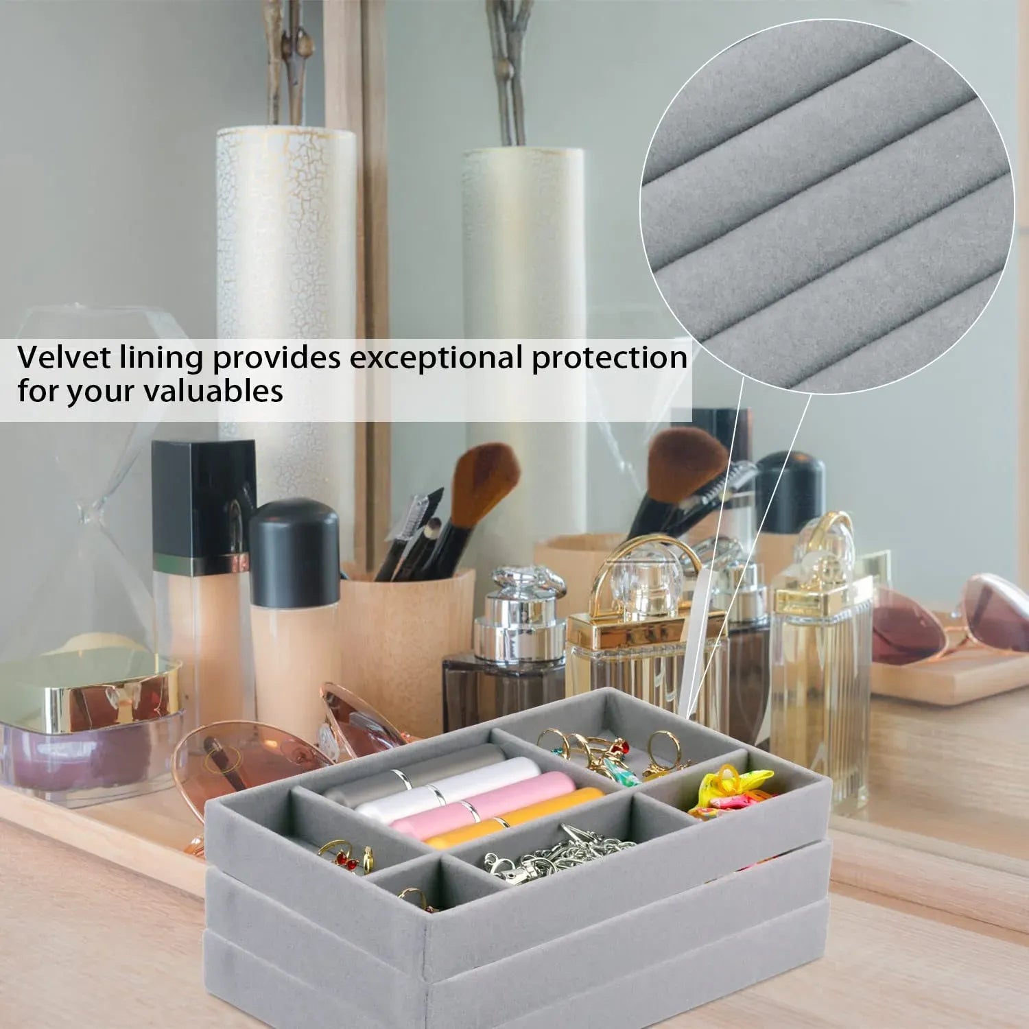 4 Pack Velvet Jewelry Organizer Trays, Stackable Drawer Inserts for Rings Earrings Necklaces, Gray