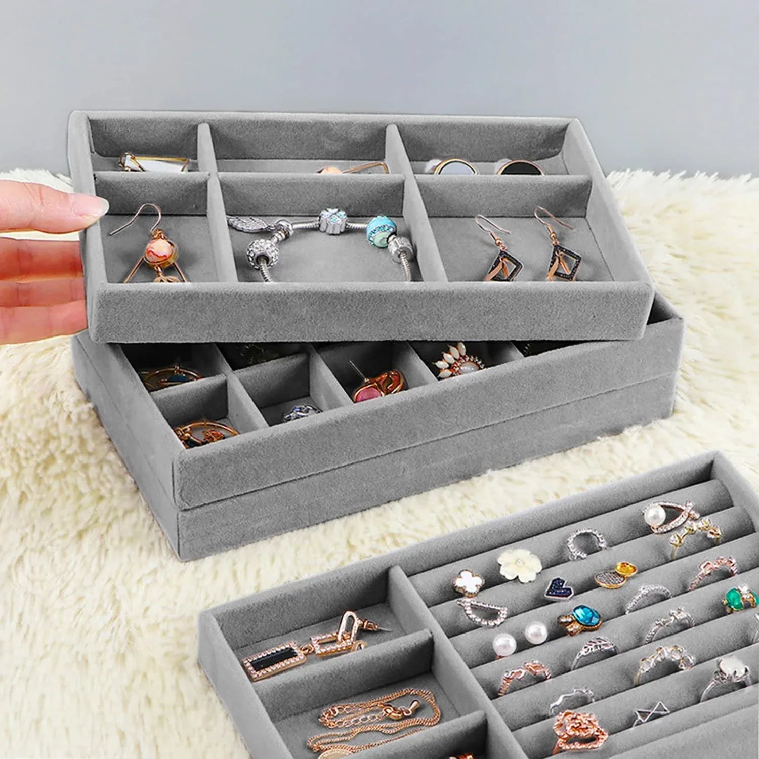 4 Pack Velvet Jewelry Organizer Trays, Stackable Drawer Inserts for Rings Earrings Necklaces, Gray