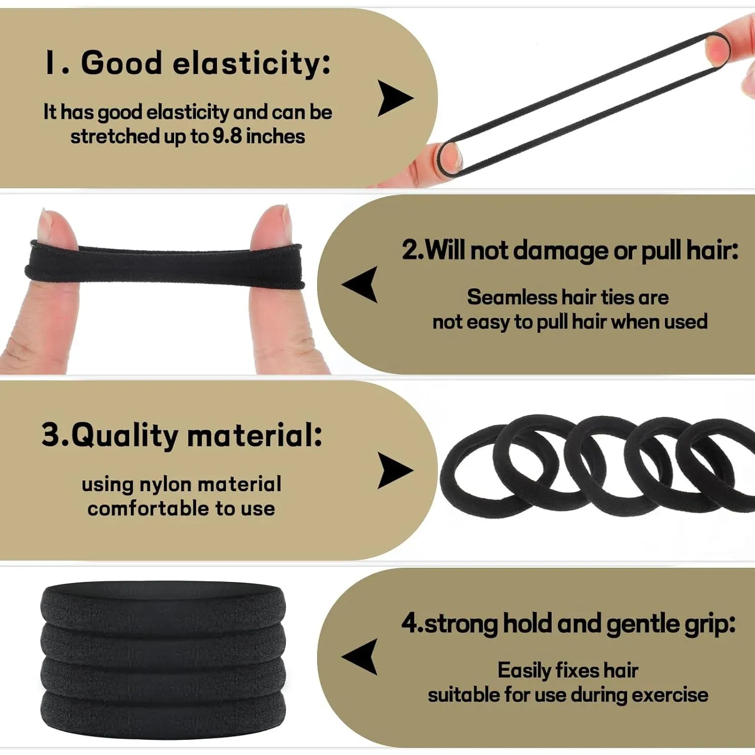 100 Pcs Hair Ties for Thick Hair, Seamless Nylon Elastic Ponytail Holders for Women Girls, Black