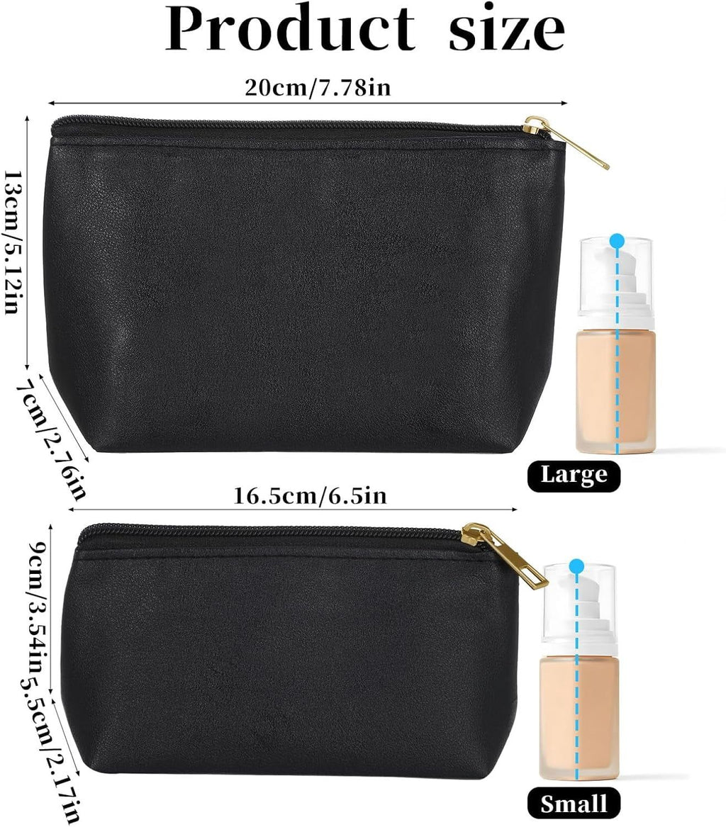 2 Pack Makeup Bag Set, PU Cosmetic Pouches with Zipper Large Opening for Travel, Black