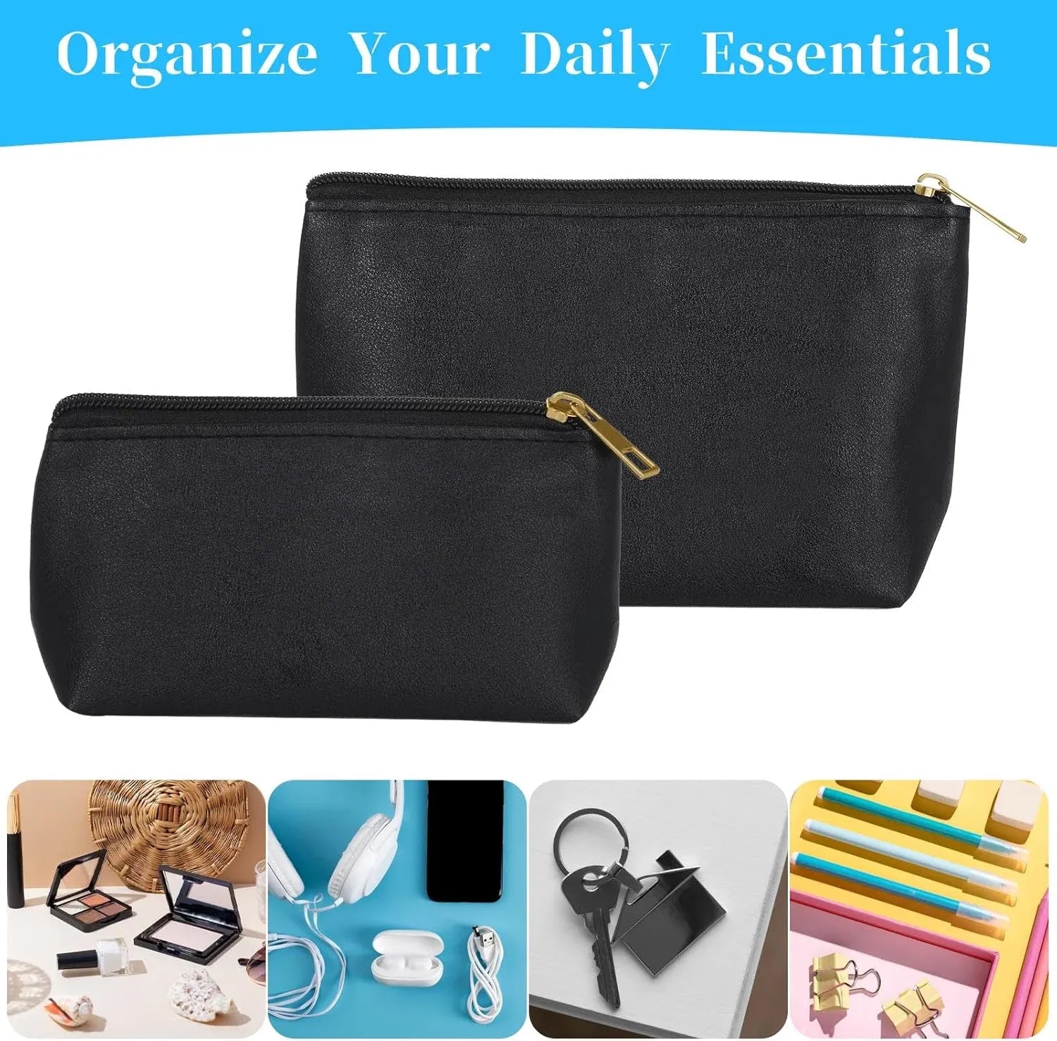 2 Pack Makeup Bag Set, PU Cosmetic Pouches with Zipper Large Opening for Travel, Black