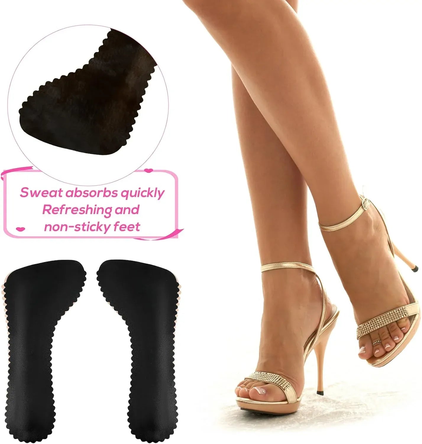 2 Pairs High Heel Inserts, Adhesive PU Cushion Insoles with Arch Support for Sandals Pumps, Black