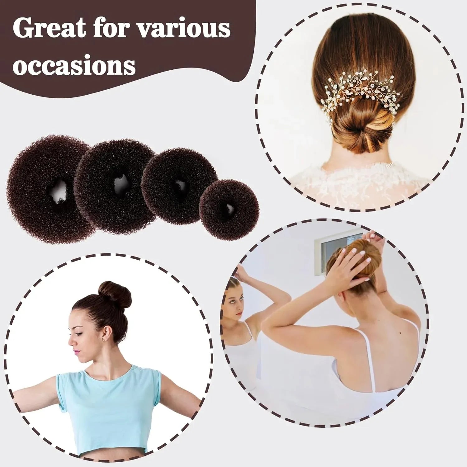 27 Pcs Hair Bun Maker Set, 7 Mesh Donut Rings and 20 U Pins for Ballet Buns Updos, Brown