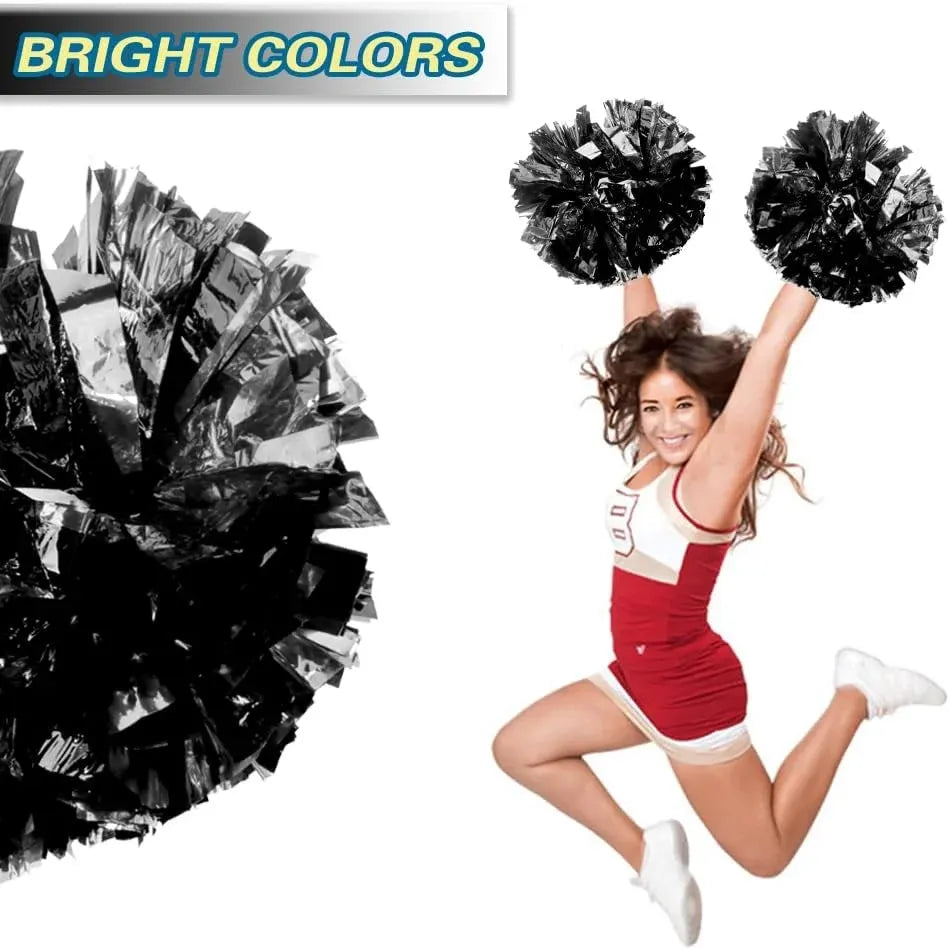 6 Pcs Metallic Cheerleading Pom Poms with Baton Handles for Sports Team Parties, Black