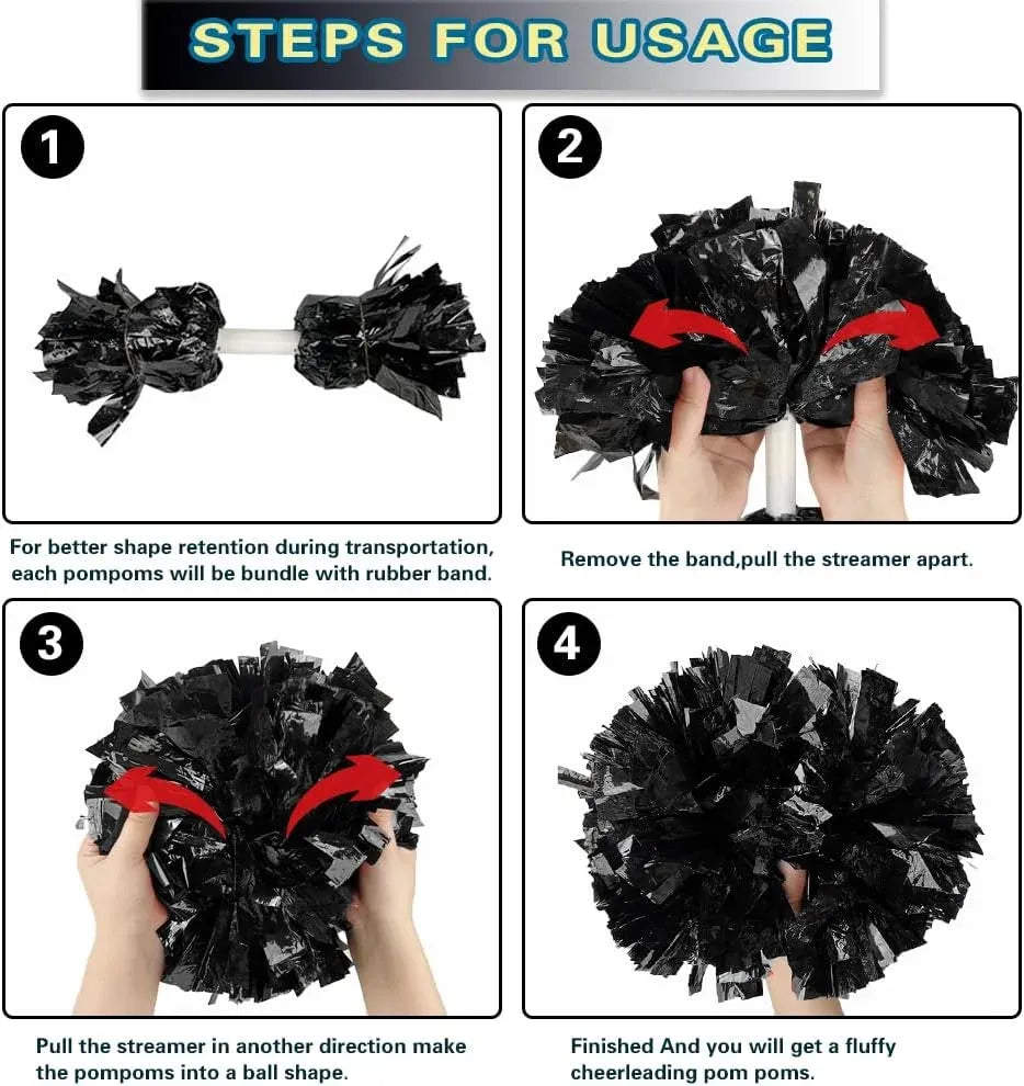 6 Pcs Metallic Cheerleading Pom Poms with Baton Handles for Sports Team Parties, Black