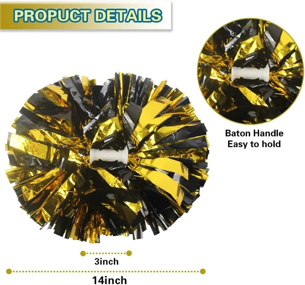 6 Pcs Metallic Cheerleading Pom Poms with Baton Handles for Sports Team Parties, Black Gold