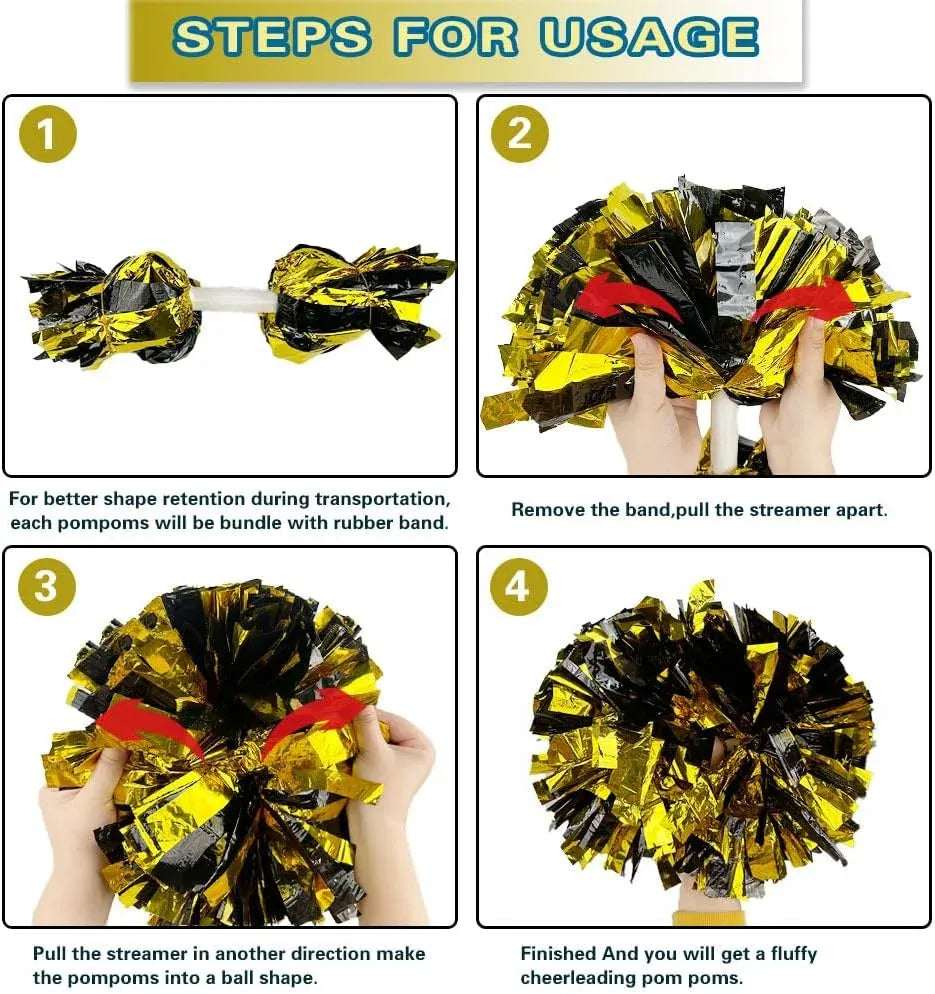 6 Pcs Metallic Cheerleading Pom Poms with Baton Handles for Sports Team Parties, Black Gold