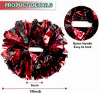 6 Pcs Metallic Cheerleading Pom Poms with Baton Handles for Sports Team Parties, Black Red