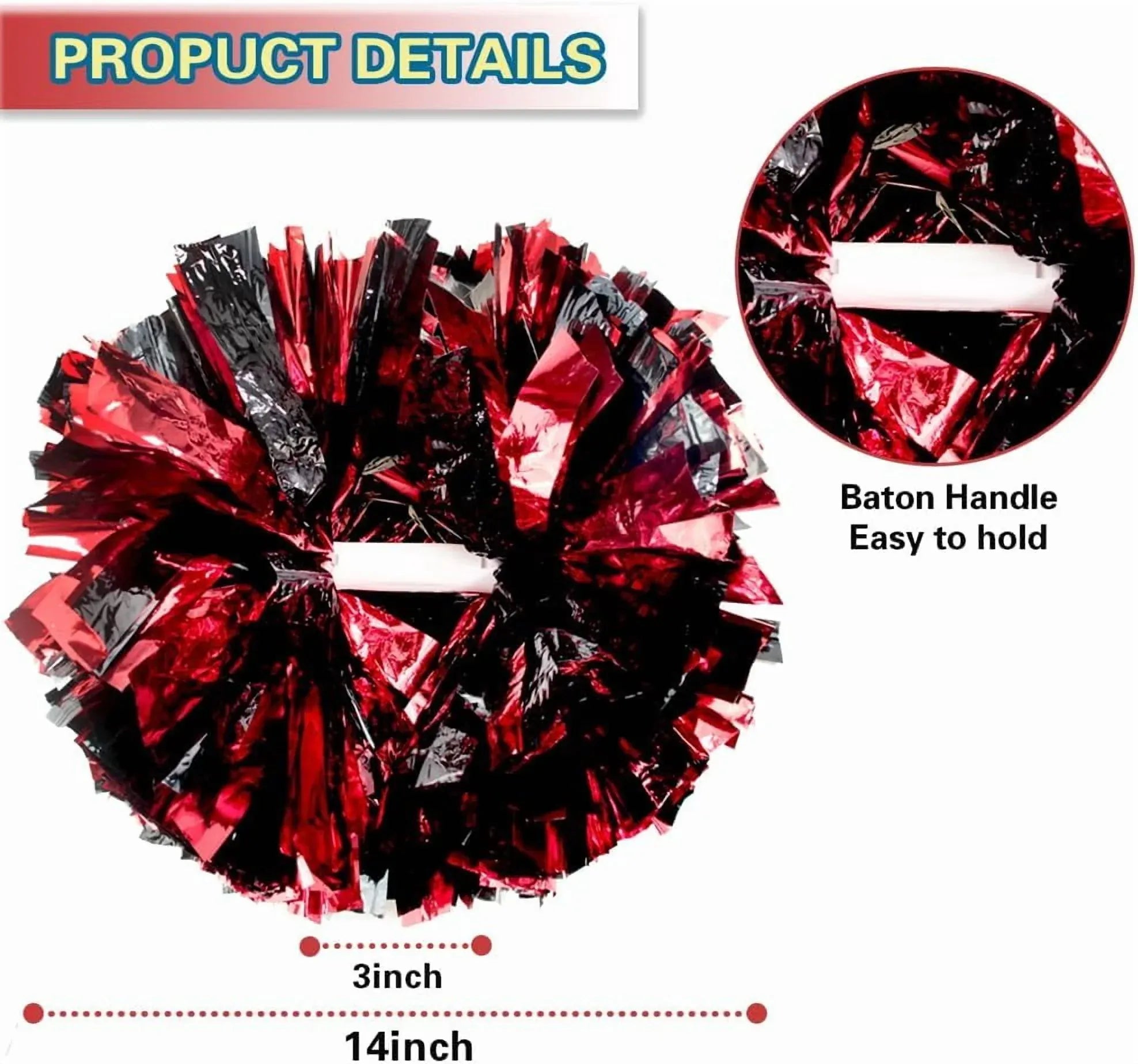 6 Pcs Metallic Cheerleading Pom Poms with Baton Handles for Sports Team Parties, Black Red