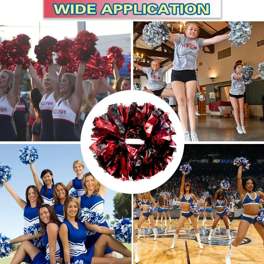 6 Pcs Metallic Cheerleading Pom Poms with Baton Handles for Sports Team Parties, Black Red