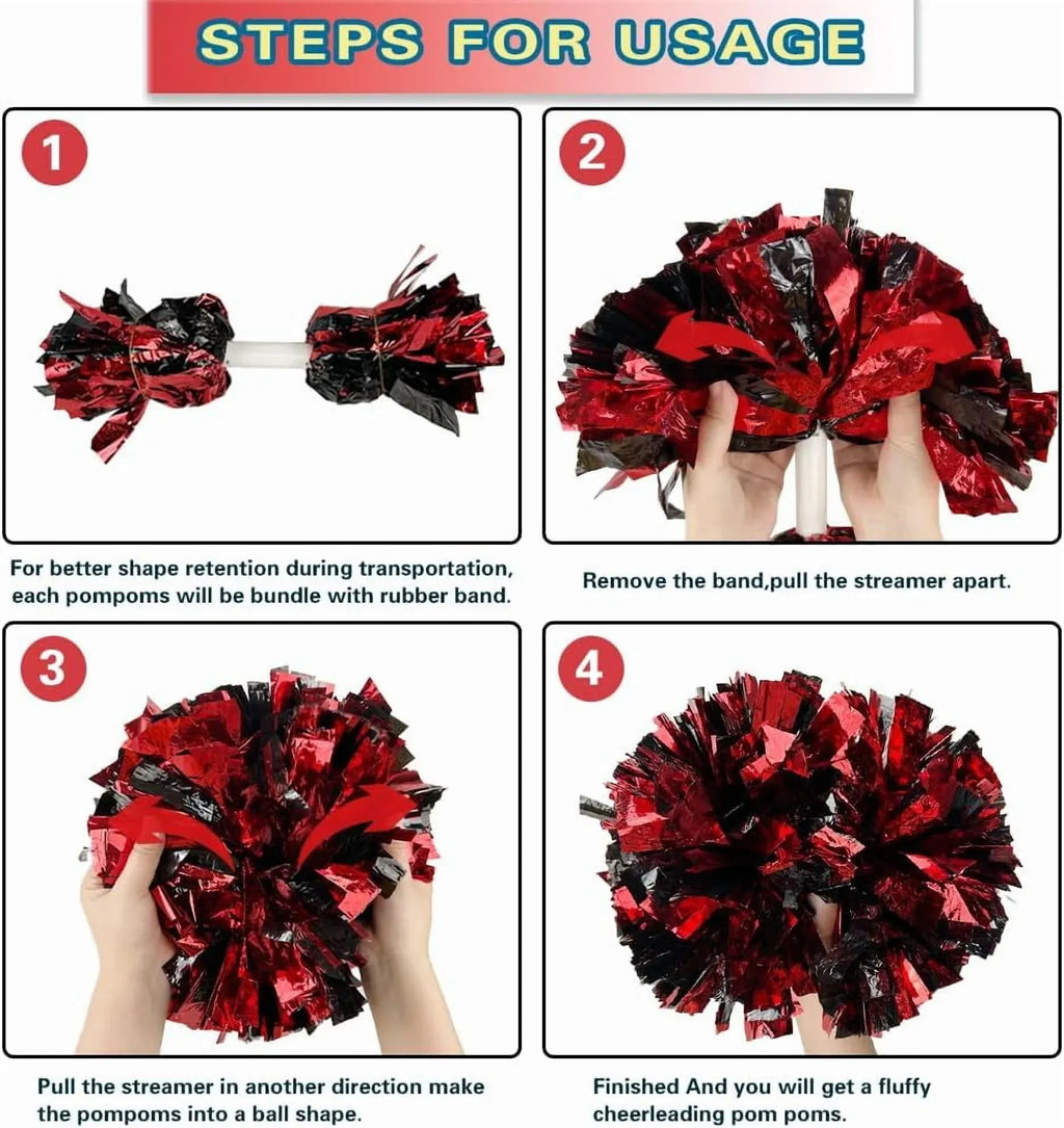 6 Pcs Metallic Cheerleading Pom Poms with Baton Handles for Sports Team Parties, Black Red
