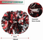 6 Pcs Metallic Cheerleading Pom Poms with Baton Handles for Sports Team Parties, Black Red Silver
