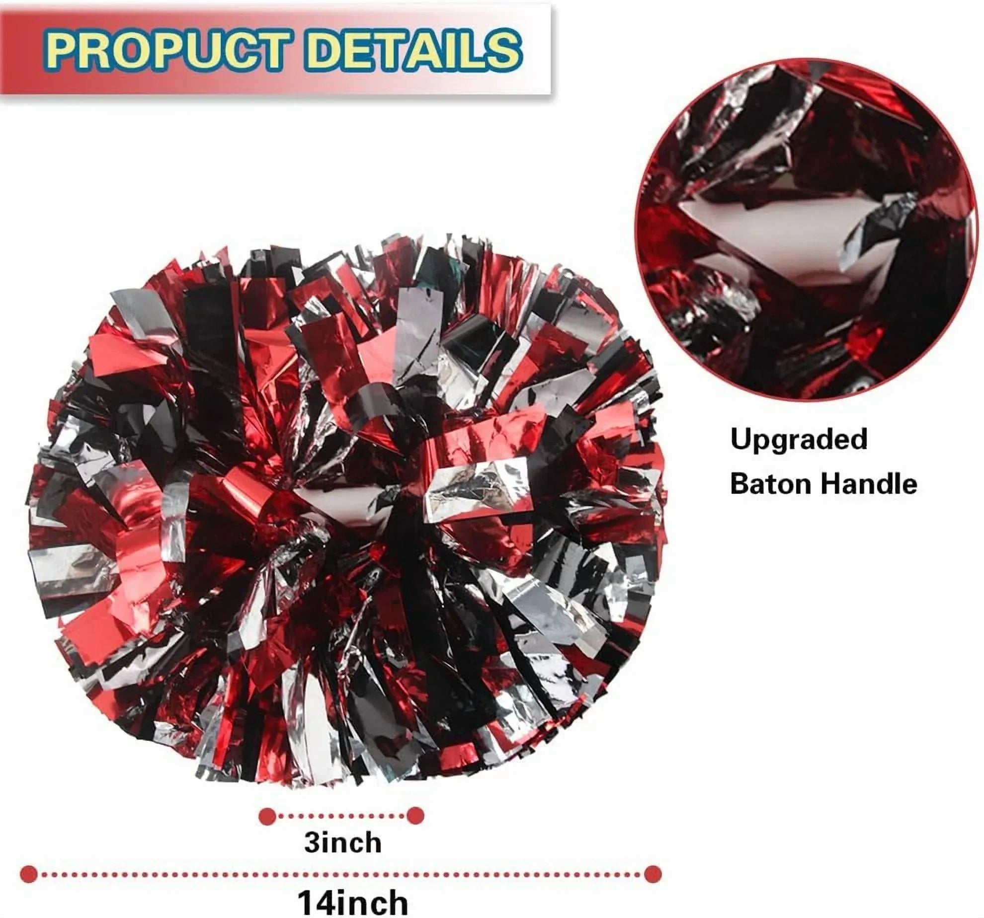 6 Pcs Metallic Cheerleading Pom Poms with Baton Handles for Sports Team Parties, Black Red Silver
