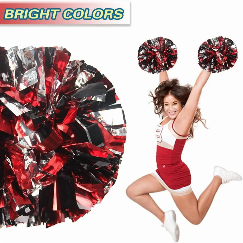 6 Pcs Metallic Cheerleading Pom Poms with Baton Handles for Sports Team Parties, Black Red Silver