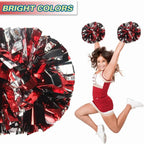 6 Pcs Metallic Cheerleading Pom Poms with Baton Handles for Sports Team Parties, Black Red Silver