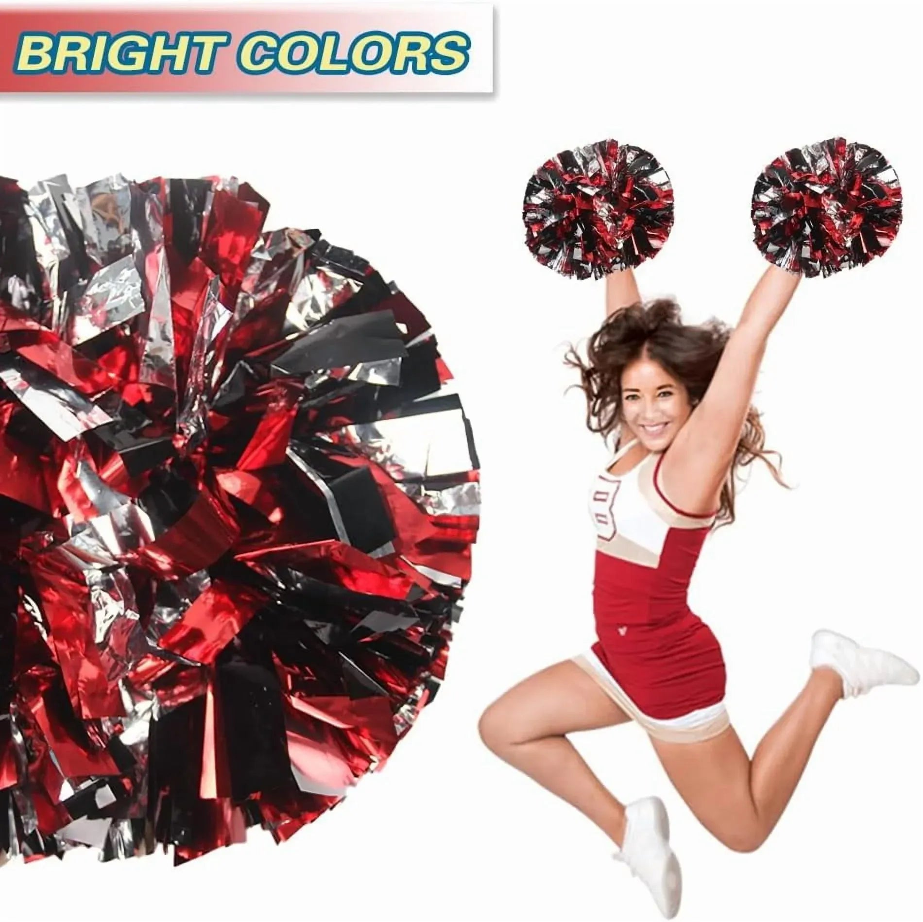 6 Pcs Metallic Cheerleading Pom Poms with Baton Handles for Sports Team Parties, Black Red Silver