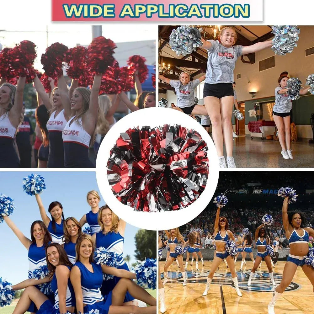 6 Pcs Metallic Cheerleading Pom Poms with Baton Handles for Sports Team Parties, Black Red Silver