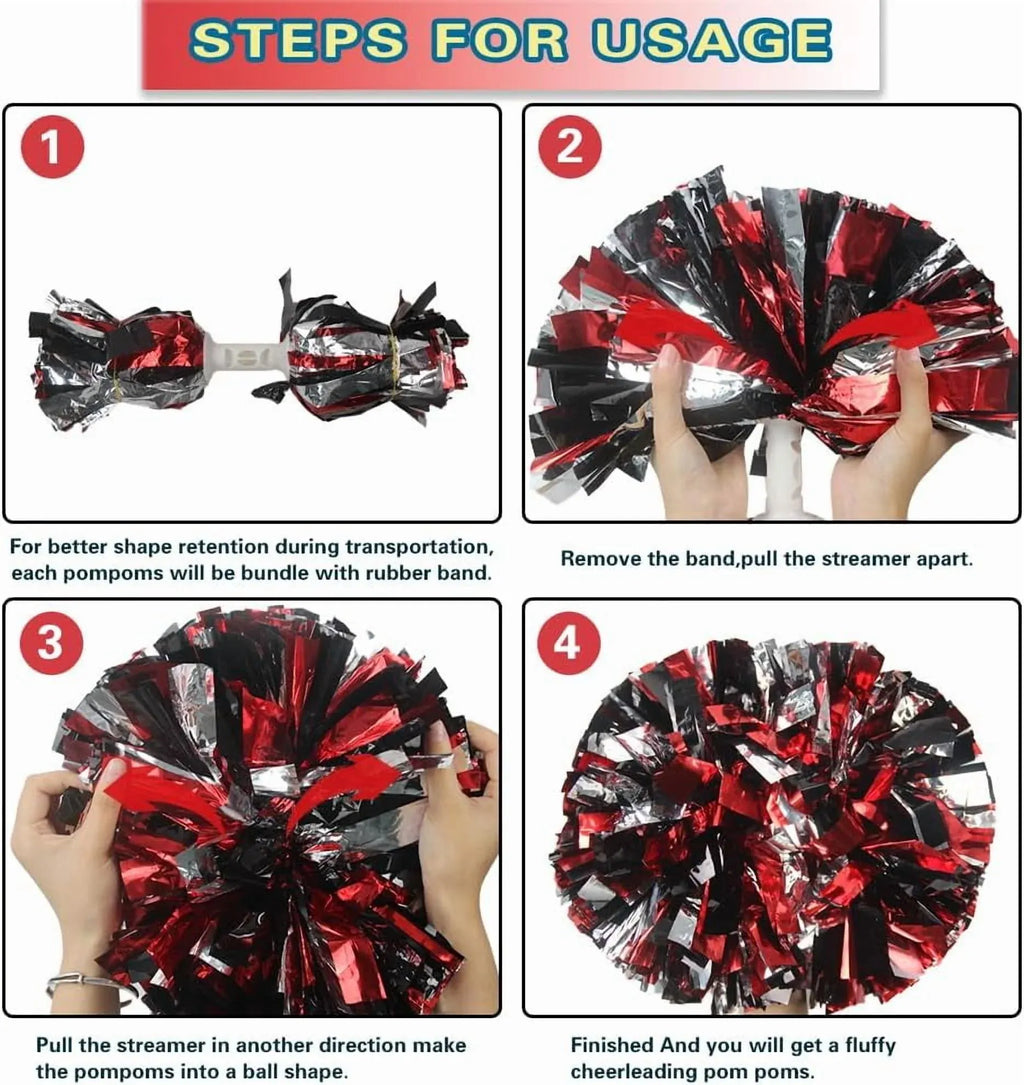 6 Pcs Metallic Cheerleading Pom Poms with Baton Handles for Sports Team Parties, Black Red Silver
