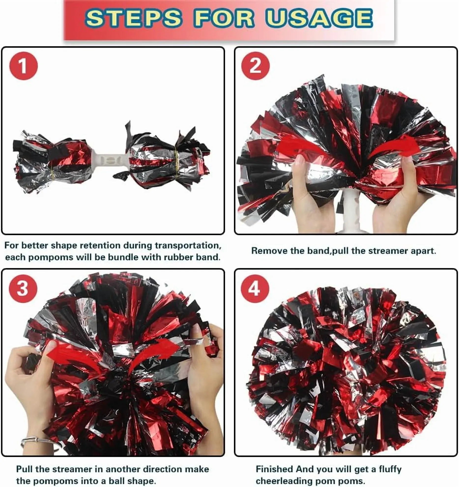 6 Pcs Metallic Cheerleading Pom Poms with Baton Handles for Sports Team Parties, Black Red Silver