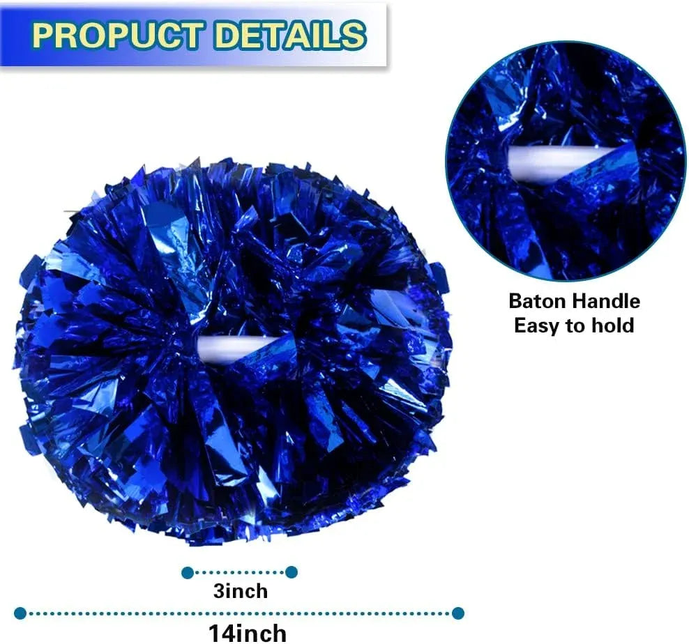 6 Pcs Metallic Cheerleading Pom Poms with Baton Handles for Sports Team Parties, Blue
