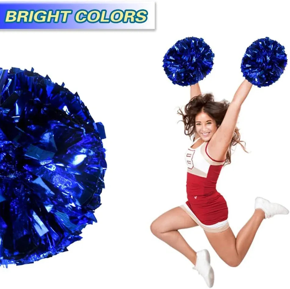 6 Pcs Metallic Cheerleading Pom Poms with Baton Handles for Sports Team Parties, Blue