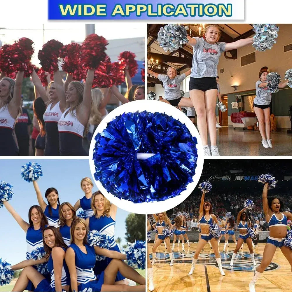 6 Pcs Metallic Cheerleading Pom Poms with Baton Handles for Sports Team Parties, Blue