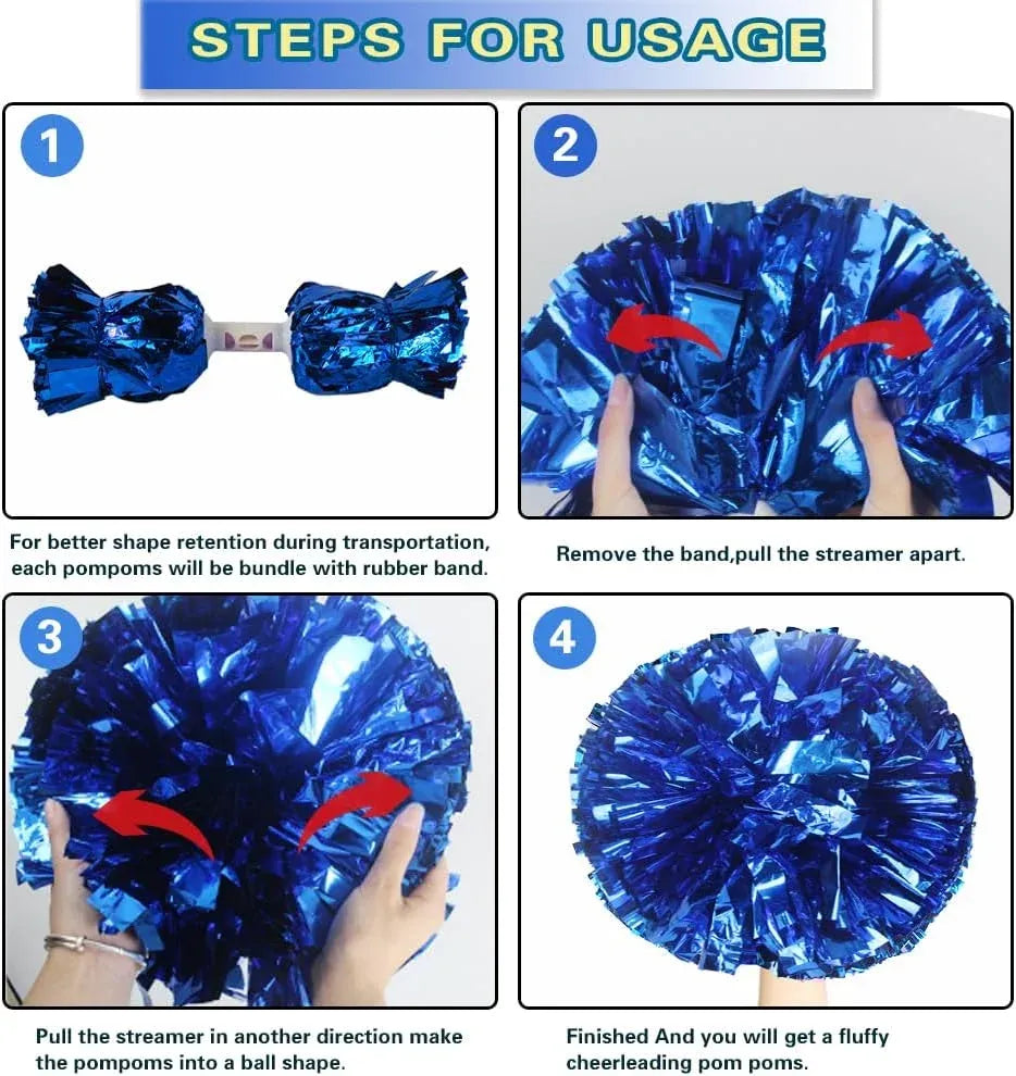 6 Pcs Metallic Cheerleading Pom Poms with Baton Handles for Sports Team Parties, Blue
