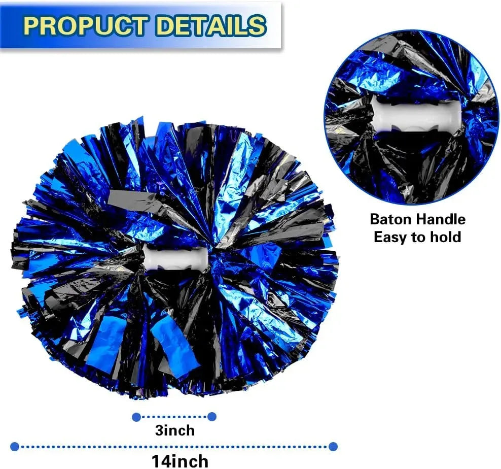 6 Pcs Metallic Cheerleading Pom Poms with Baton Handles for Sports Team Parties, Blue Black