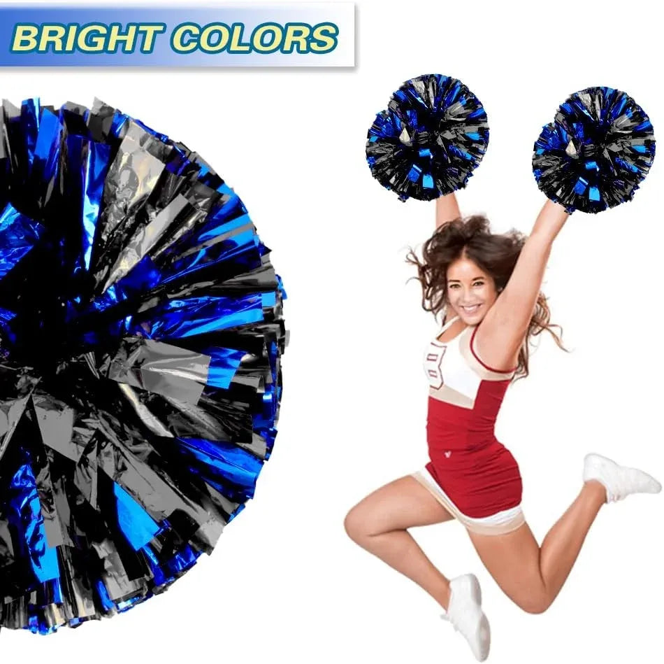 6 Pcs Metallic Cheerleading Pom Poms with Baton Handles for Sports Team Parties, Blue Black