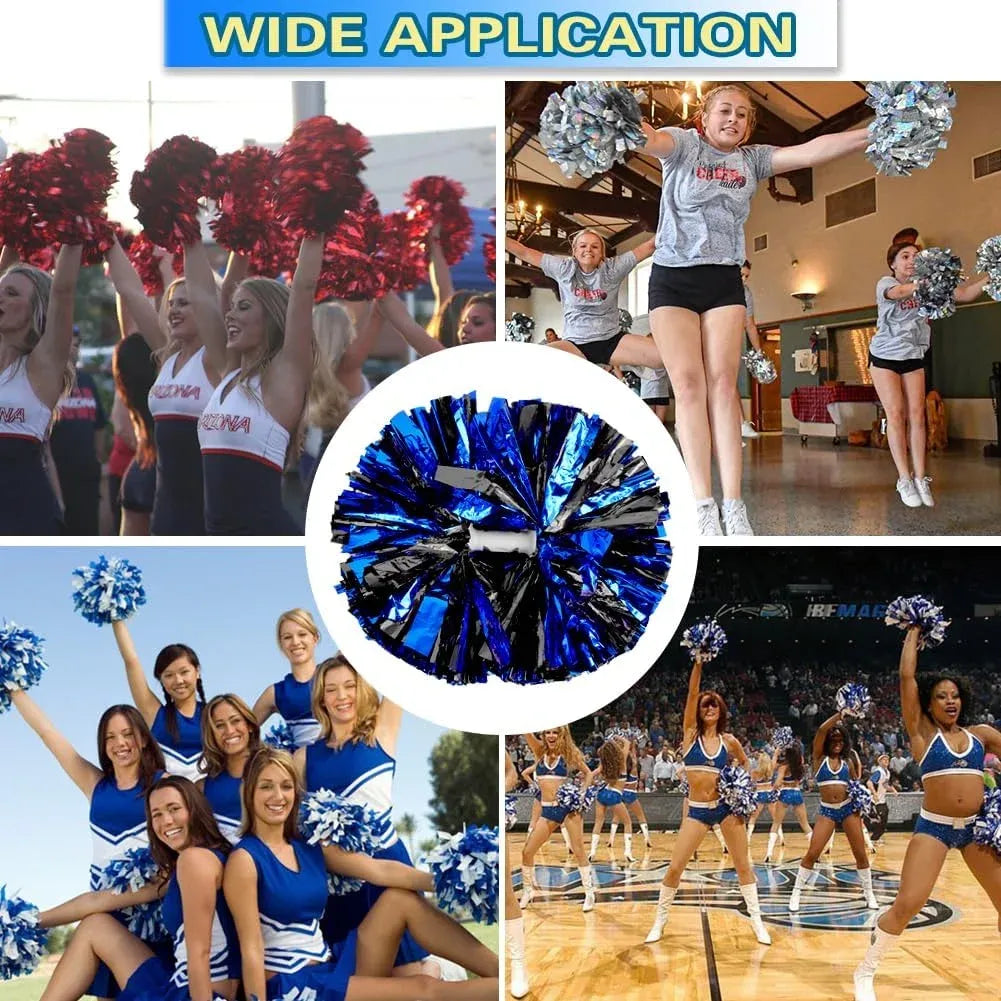 6 Pcs Metallic Cheerleading Pom Poms with Baton Handles for Sports Team Parties, Blue Black
