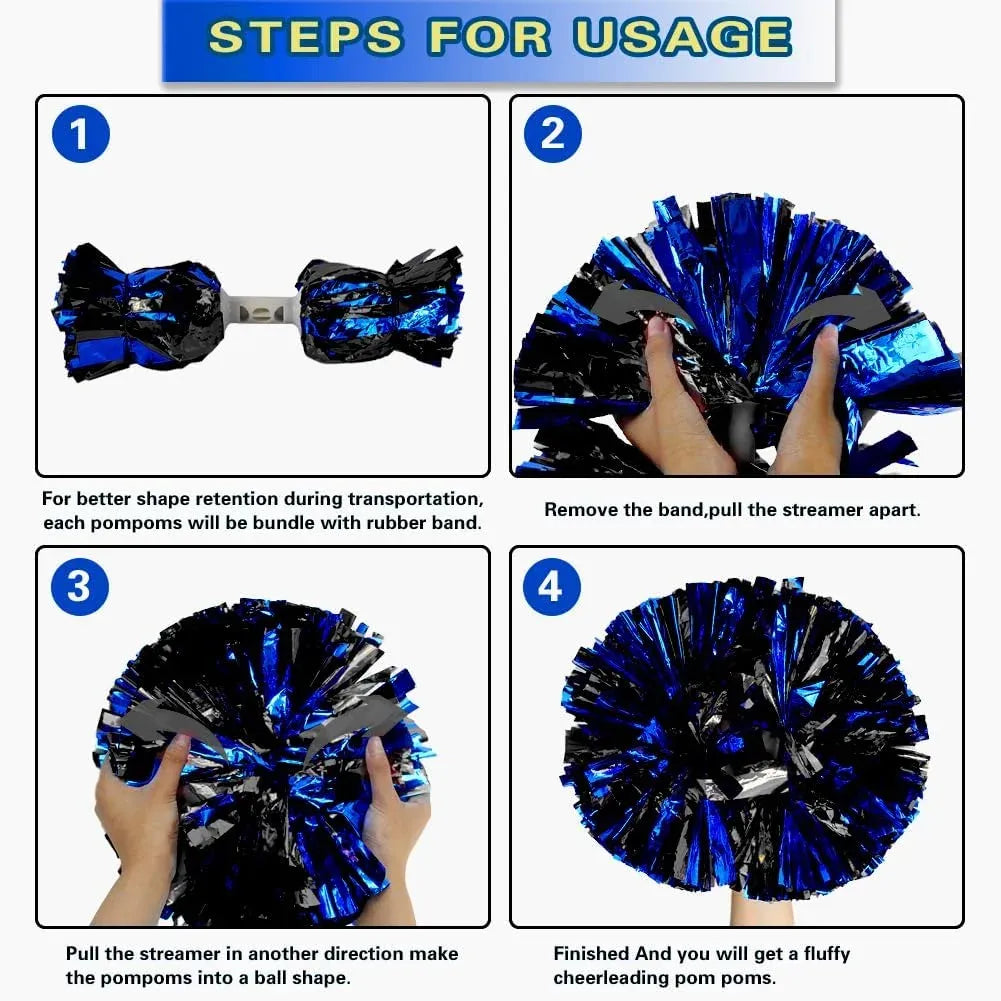 6 Pcs Metallic Cheerleading Pom Poms with Baton Handles for Sports Team Parties, Blue Black