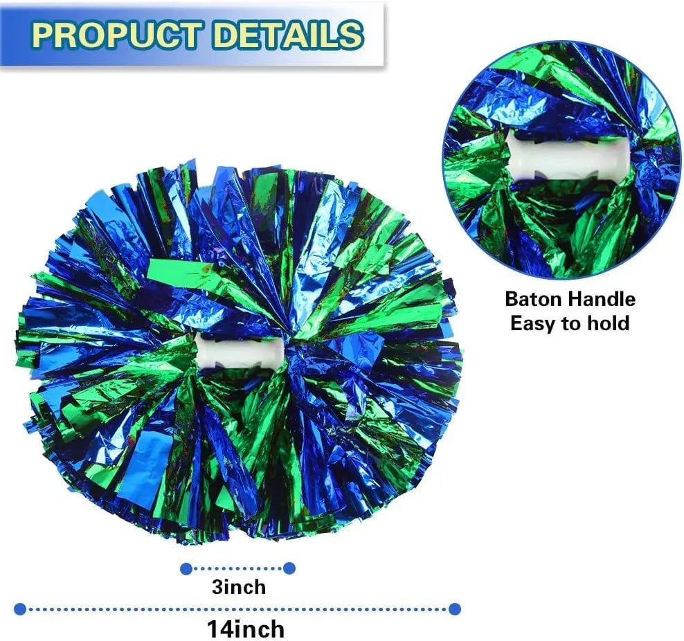 6 Pcs Metallic Cheerleading Pom Poms with Baton Handles for Sports Team Parties, Blue Green