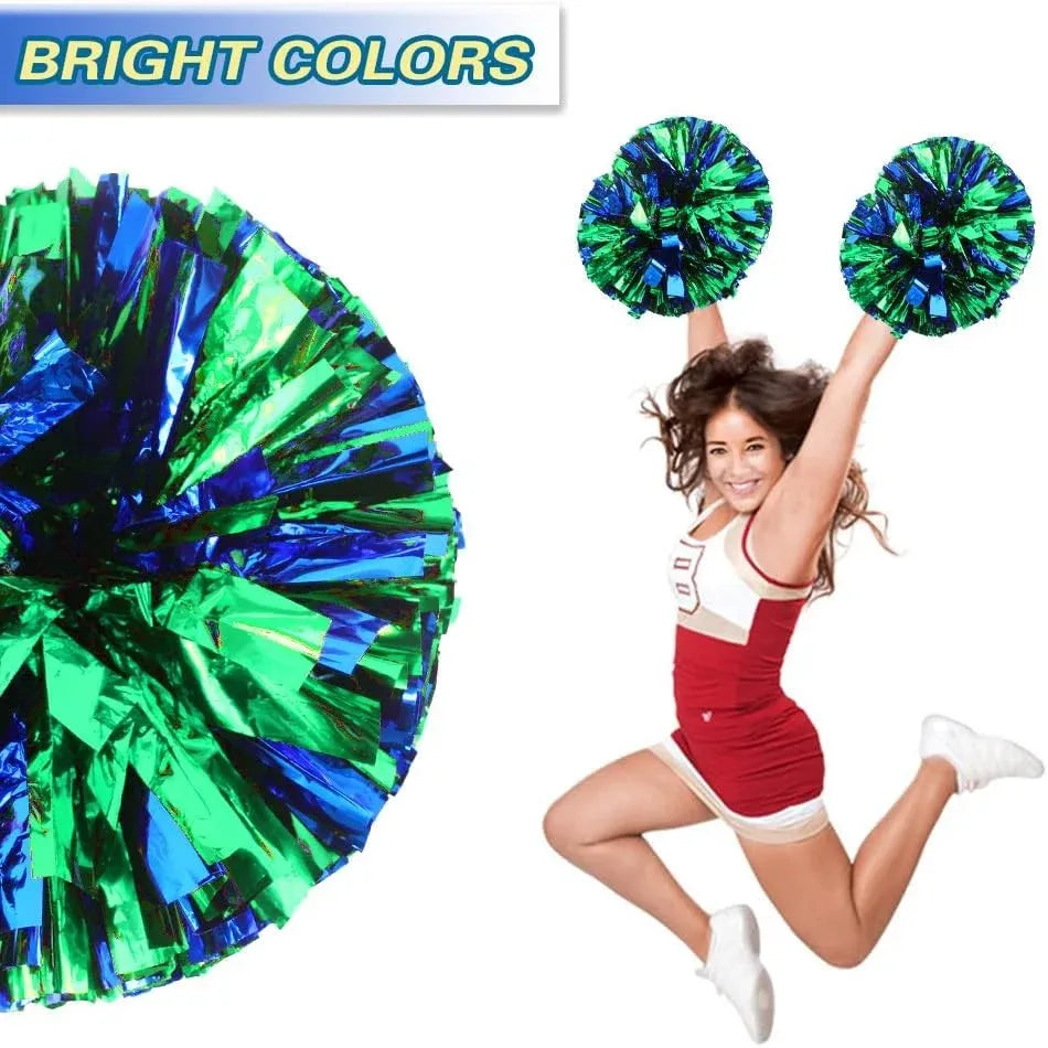 6 Pcs Metallic Cheerleading Pom Poms with Baton Handles for Sports Team Parties, Blue Green