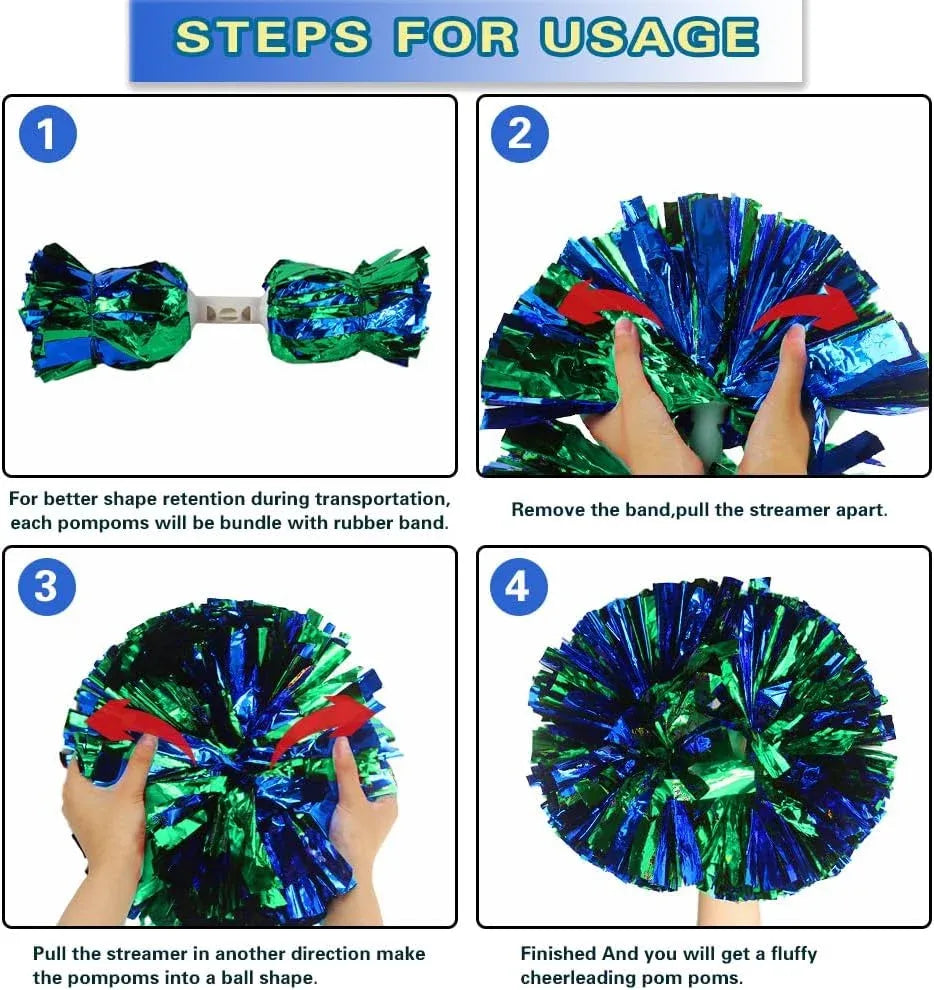 6 Pcs Metallic Cheerleading Pom Poms with Baton Handles for Sports Team Parties, Blue Green