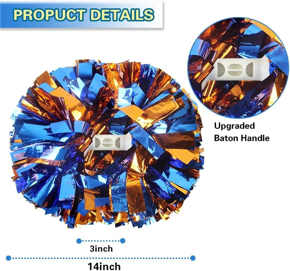 6 Pcs Metallic Cheerleading Pom Poms with Baton Handles for Sports Team Parties, Blue Orange