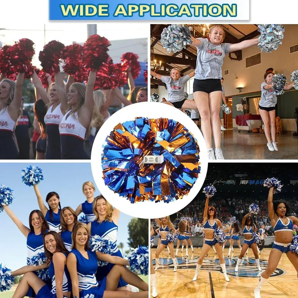 6 Pcs Metallic Cheerleading Pom Poms with Baton Handles for Sports Team Parties, Blue Orange