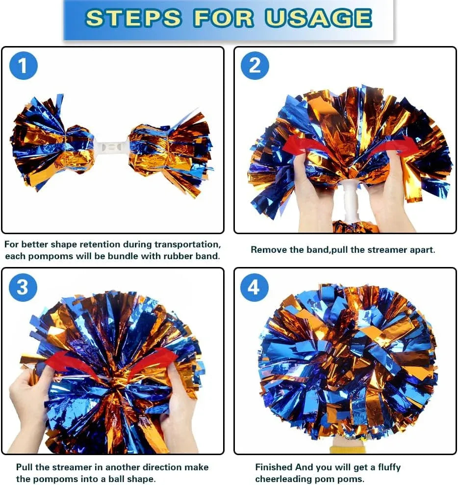 6 Pcs Metallic Cheerleading Pom Poms with Baton Handles for Sports Team Parties, Blue Orange
