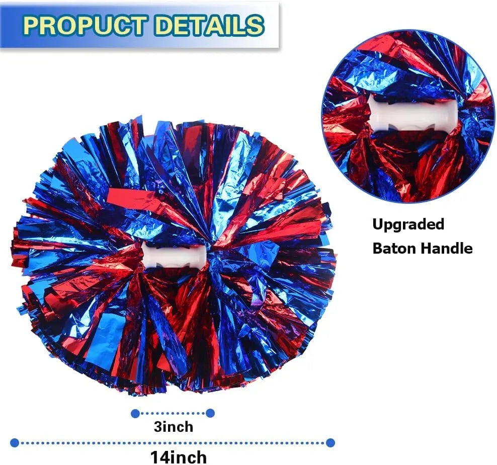 6 Pcs Metallic Cheerleading Pom Poms with Baton Handles for Sports Team Parties, Blue Red